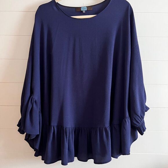 Eva Franco Lightweight Oversized Blue Flowy Puffy Sleeves Tunic Blouse Top 6 - Picture 1 of 7